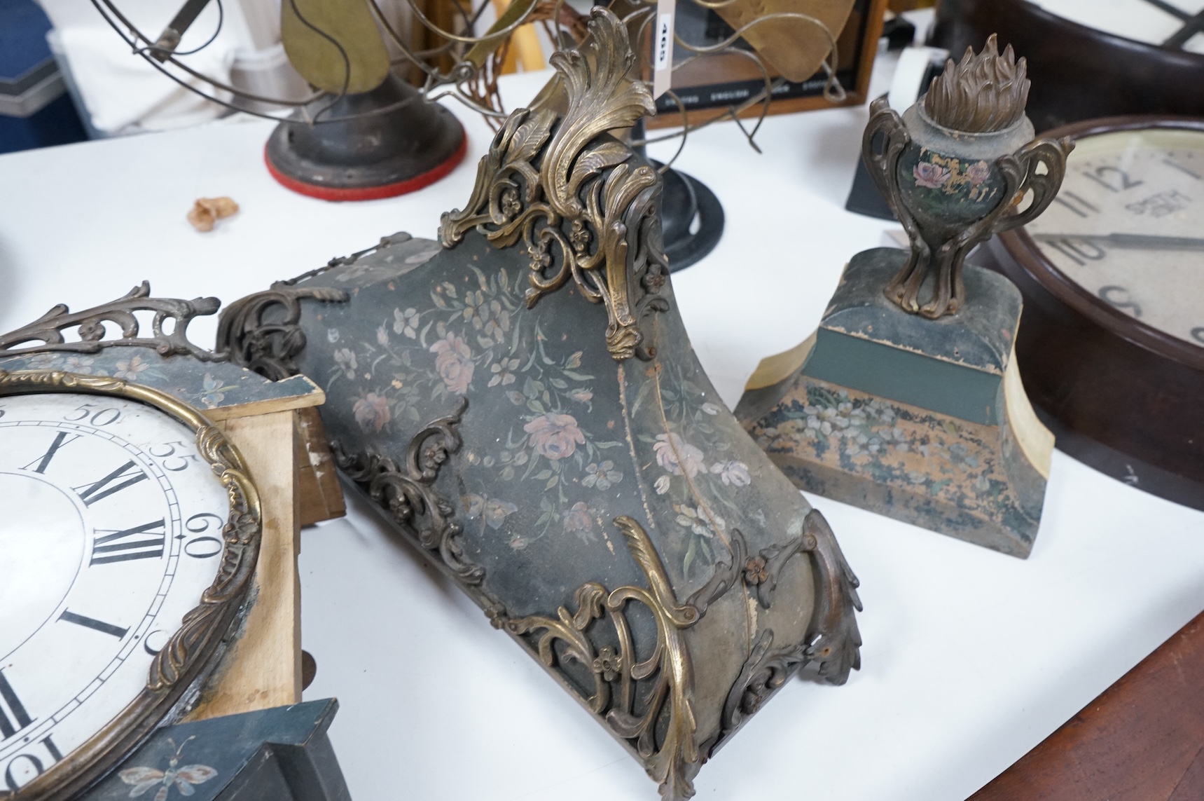 A Louis XV style gilt metal mounted Vernis Martin bracket clock case and bracket, lacking movement, 77cm high